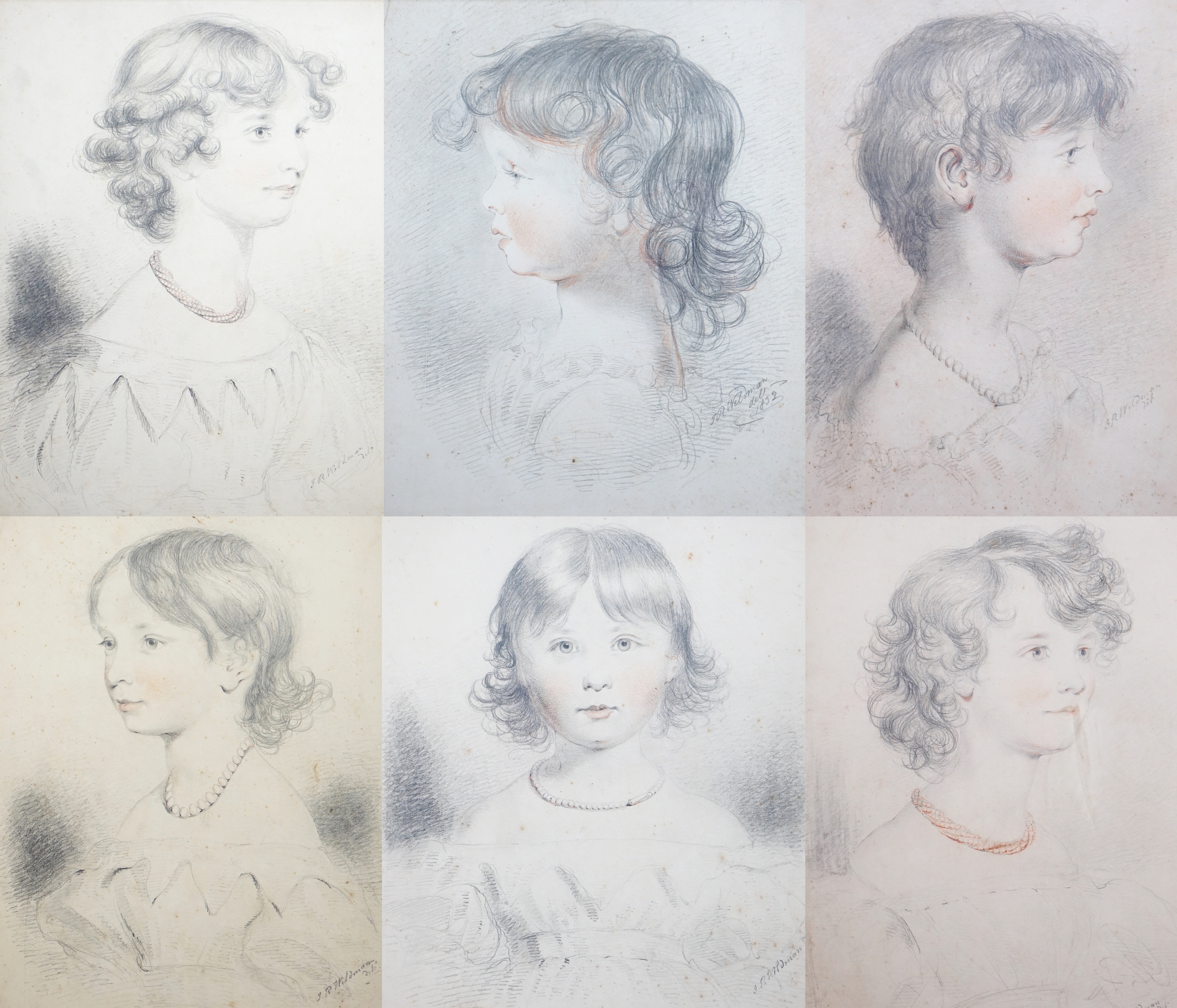 John Robert Wildman (fl.1823-1839), pencil and sanguine chalk on paper, Family portraits of young girls, each signed, each 46 x 39cm (6)